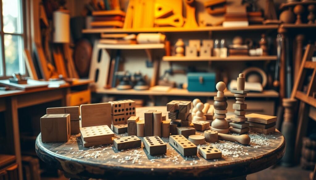 A cozy workshop setting filled with charming wooden games. In the foreground, a small table displays a collection of handcrafted games like a mini wooden tic-tac-toe, a classic domino set, and a balanced stacking toy, all artfully arranged. The middle ground features an artisan's hands working on a beautifully carved puzzle, with wooden shavings scattered around, hinting at recent activity. In the background, warm, golden light pours in from a window, illuminating wooden shelves lined with tools and more projects, creating an inviting atmosphere. Use a shallow depth of field to focus on the games while softly blurring the background. The overall mood is warm, creative, and inspiring, embodying the joy of DIY woodworking.