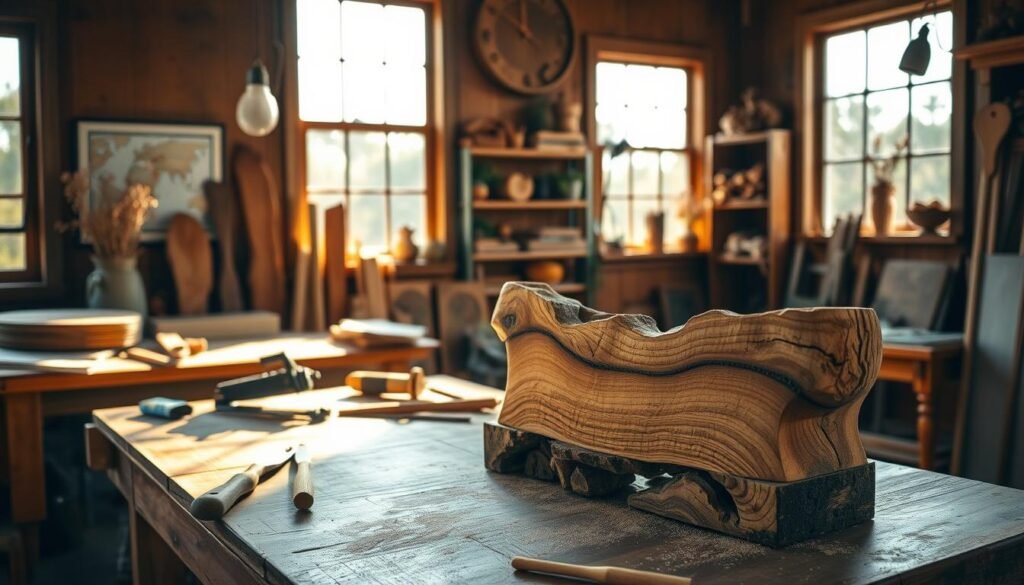 A cozy workshop with natural light streaming in through large windows, casting warm glows on a beautifully crafted wooden piece in the foreground. The piece, made from reclaimed wood, showcases intricate carvings and a smooth finish, emphasizing the beauty of upcycled materials. In the middle ground, tools like chisels, a saw, and sandpaper are neatly arranged on a wooden workbench, highlighting sustainable woodworking practices. In the background, shelves filled with unfinished wood and nature-inspired decor create an inviting atmosphere. Soft shadows enhance the warmth of the scene, capturing the essence of creativity and mindfulness in woodworking. The overall mood is serene and inspiring, inviting viewers to embrace the art of upcycling.