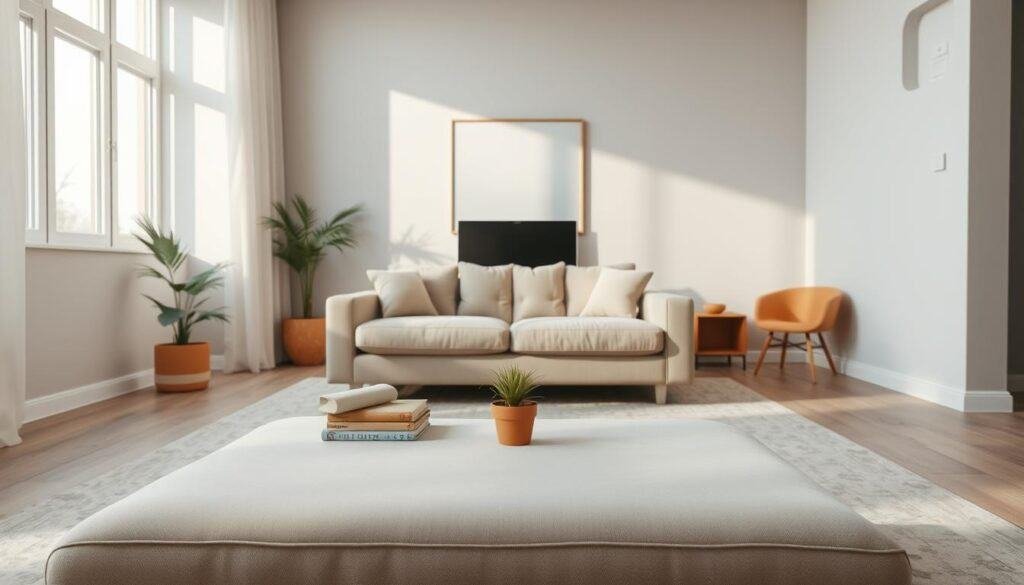 A cozy yet bland living room scene, showcasing a neutral color palette dominated by beige and grey tones. In the foreground, a soft, flat-surfaced coffee table with minimal decorative items like a small potted plant and a couple of books. In the middle, a plain, overstuffed sofa, arranged centrally, facing a flat-screen television, with an empty feeling around it. The background features a wall adorned with simple artwork, lacking vibrancy. Soft, natural light filters in through a large window, casting gentle shadows to create a warm atmosphere. A single warm-toned wooden detail, such as an accent chair or side table, is strategically placed in the corner to add a pop of warmth and texture, contrasting with the flatness of the room. The image emanates a sense of calm yet incomplete, inviting viewers to consider ways of enhancing the space.