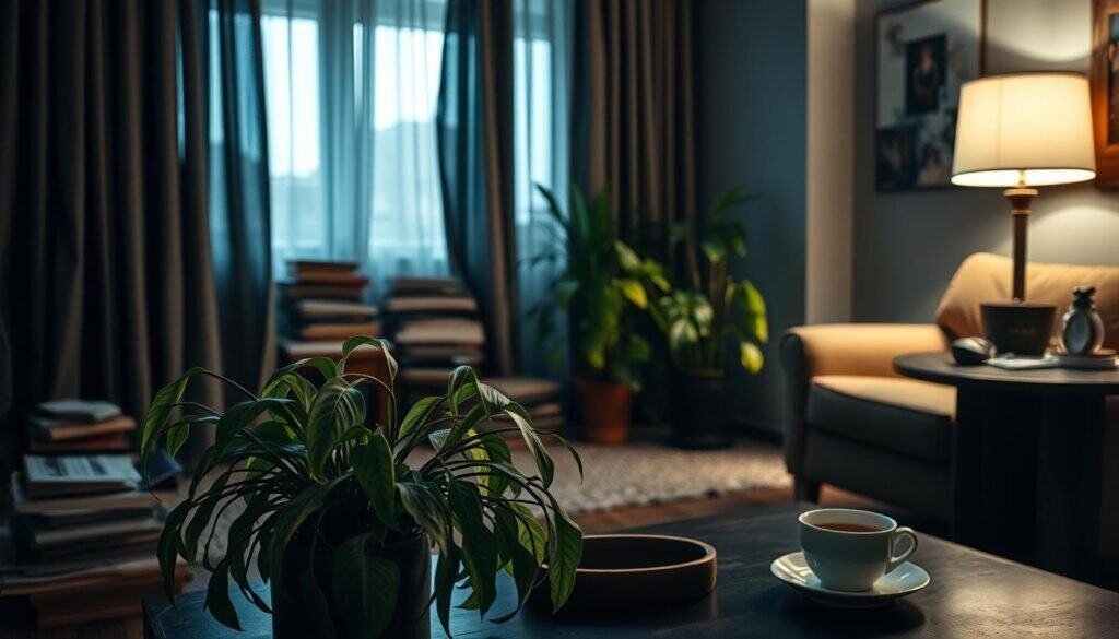 A dimly lit room with muted colors, featuring heavy drapes that filter the natural light, creating a somber atmosphere. In the foreground, a pair of wilted houseplants sits on a coffee table, their leaves drooping, indicating a lack of life and vitality. The middle ground shows a cluttered space with disorganized books and personal items, evoking a sense of chaos and heaviness. A single, bright green plant in the corner offers a stark contrast, hinting at the potential for positive change. The background reveals a cozy armchair and a side table adorned with a cup of tea, creating a comfortable yet weighed-down ambiance. Soft, warm lighting from a nearby lamp enhances the mood, capturing the essence of a room yearning for rejuvenation and energy flow.