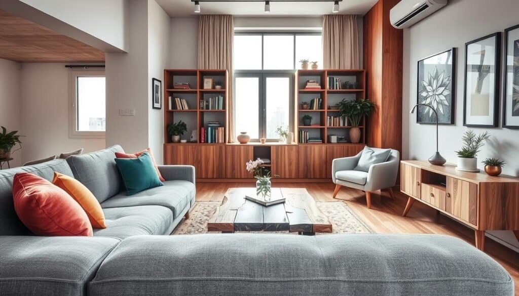 A modern cozy living room in a compact apartment, featuring warm wood accents and soft, inviting textiles. In the foreground, a plush, oversized gray sofa adorned with colorful throw pillows faces a low coffee table made of reclaimed wood, surrounded by a small area rug. The middle section showcases an elegantly arranged bookshelf filled with books and decorative plants, while a stylish armchair sits to one side. In the background, a large window allows soft, natural light to flood the space, highlighting the serene atmosphere. The walls are painted in calming, neutral tones, and art pieces enhance the feeling of warmth. Capture this cozy, inviting mood with a bright, airy ambiance, using a wide-angle lens to emphasize the compact yet harmonious layout.