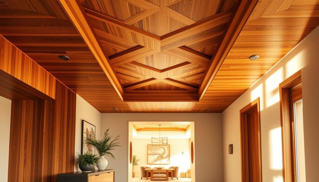 A modern entryway featuring a stunning wooden ceiling design, showcasing a blend of warm, rich tones and contemporary lines. The foreground includes a stylish console table adorned with minimalist décor and lush greenery. In the middle, the eye is drawn upward to the intricately designed wood ceiling, featuring geometric patterns and natural grains that create a cozy yet sophisticated ambiance. The background softly highlights a tastefully decorated living space visible through a large doorway. Warm, diffused lighting bathes the scene, enhancing the inviting atmosphere with soft shadows that add depth. The angle is a slightly upward view, emphasizing the ceiling’s grandeur. The overall mood is serene and welcoming, perfect for illustrating the beauty of wooden ceiling statements in an entryway. Realistic home décor and woodworking photos; no overlays, logos, or watermarks.