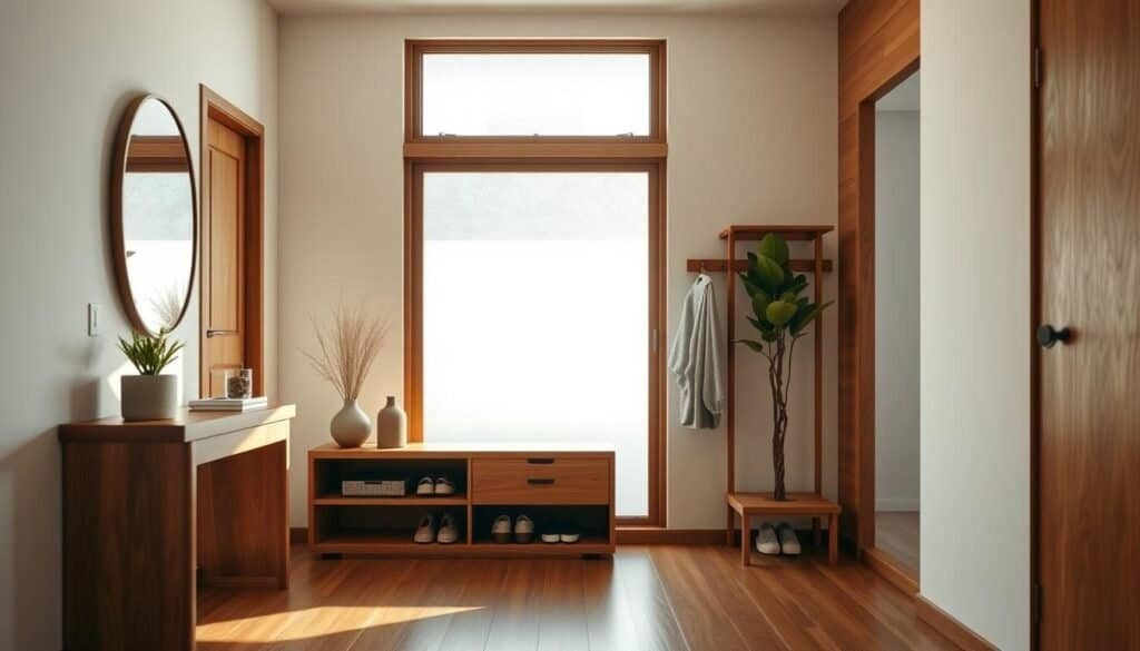 A modern entryway featuring warm wood accents that exude a welcoming and serene atmosphere. In the foreground, a sleek wooden console table displays a small potted plant and decorative items. The middle ground showcases a stylish coat rack made of rich hardwood, with matching wooden shoe storage tucked underneath. Natural light filters in through a large, frosted window in the background, highlighting the textures of the wooden elements. The walls are painted in soft, neutral tones to create contrast with the wood. A subtle touch of greenery, like a tall indoor plant in the corner, enhances the inviting feeling. The scene is captured from a slightly elevated angle, emphasizing depth and creating a cozy, harmonious entrance. Overall, the mood is warm, inviting, and well-designed, perfectly reflecting the theme of first impressions.