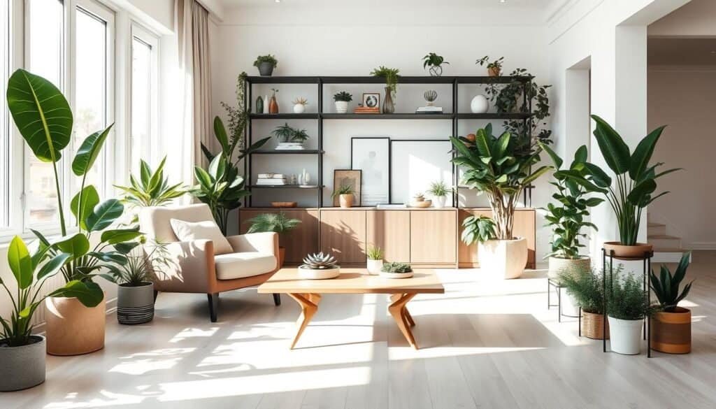 A modern home interior featuring a cozy calm corner filled with various indoor plants, like a tall fiddle leaf fig and small succulents, gracefully arranged around a sleek, minimalist wooden coffee table. The foreground includes a softly cushioned armchair in neutral tones, bathed in bright natural light streaming through large windows, casting gentle shadows on the light wooden floor. In the middle background, a contemporary bookshelf displays curated decor items and additional greenery, promoting a sense of tranquility. The atmosphere is serene and inviting, with airy, well-lit spaces and soft sunlight enhancing the overall ambiance. The shot is taken from a slightly elevated angle to capture both the plants and the surrounding decor, all while ensuring a clean, uncluttered appearance.