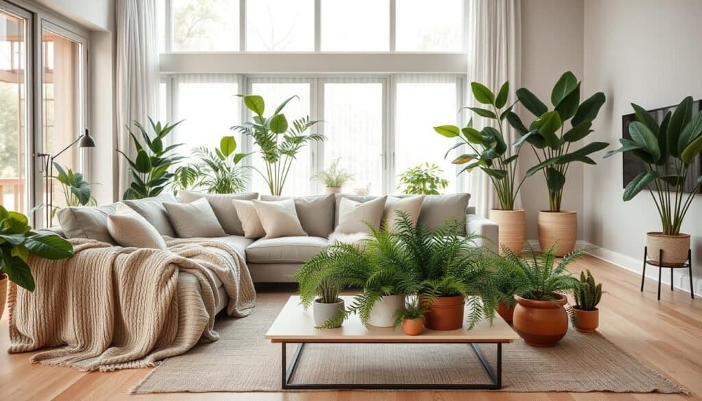 A modern home interior featuring an inviting living space adorned with lush indoor plants. In the foreground, a cozy sectional sofa draped with textured throw blankets and plush cushions invites relaxation. The middle ground showcases a stylish coffee table surrounded by potted ferns and succulents, integrating nature into the space. In the background, large windows allow soft, diffused daylight to pour in, highlighting light wooden flooring and neutral-colored walls. The atmosphere is warm and rejuvenating, emphasizing comfort and tranquility. The scene captures an elegant balance of design and greenery, embodying a fresh and airy feel with a focus on textile updates that enhance dimension.