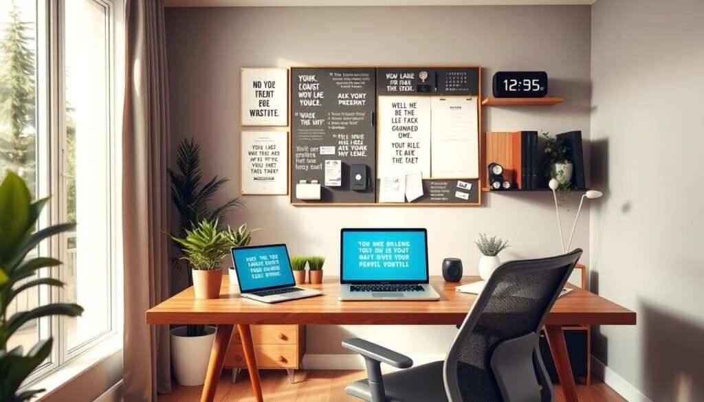 A modern, inviting tech integration motivation corner in a stylish home office setting. In the foreground, a sleek wooden desk with an ergonomic chair, adorned with a laptop featuring motivational screensaver, potted plants, and notebooks. The middle ground features a wall-mounted vision board, with motivational quotes and tech gadgets like a smart speaker and a digital clock. The background showcases a large window allowing natural light to stream in, creating a bright, airy atmosphere. Soft, warm lighting enhances the cozy feel of the space. The image captures a sense of inspiration and productivity, blending modern technology with a homely aesthetic, perfect for promoting motivation.
