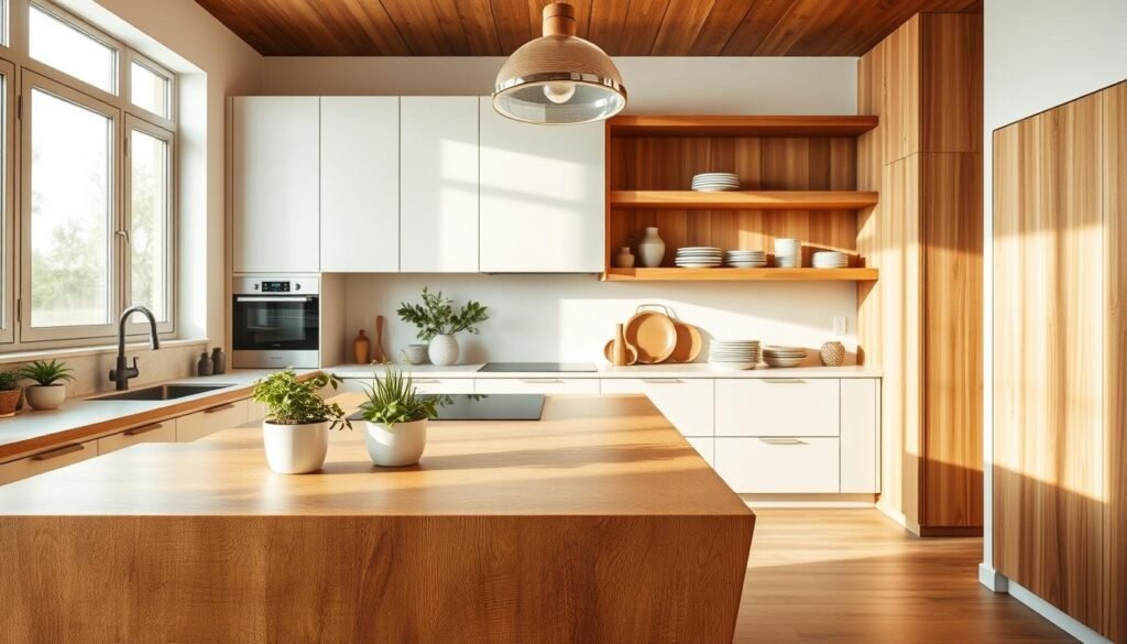 A modern kitchen interior featuring warm wooden accents and contemporary design elements. In the foreground, a sleek kitchen island crafted from rich, textured wood, adorned with potted herbs and minimalistic kitchen accessories. The middle section showcases a seamless combination of matte white cabinetry and polished wooden shelves displaying artisanal dishware. Natural light filters through a large window, creating a soft and inviting atmosphere. In the background, light-colored walls enhance the warmth of the wood, and a stylish pendant light hangs over the island, casting gentle illumination. The mood conveys a sense of comfort and sophistication, perfect for a modern home. Use a wide-angle lens to capture the depth and inviting layout of the space, emphasizing the harmonious blend of natural elements in the kitchen design.