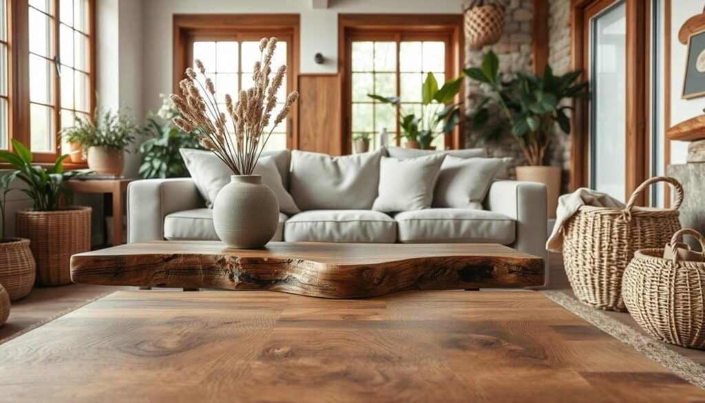 A modern living room featuring a harmonious blend of natural materials in home decor. In the foreground, a stylish wooden coffee table made of reclaimed wood showcases organic grain patterns, adorned with a ceramic vase filled with dried flowers. The middle ground includes a plush, neutral-toned sofa with throw pillows made of linen and cotton. Beside it, a woven basket made of natural fibers adds texture. In the background, large windows allow soft, diffused natural light to illuminate the space, highlighting the earthy tones of wooden accents, stone elements, and greenery from potted plants. The atmosphere is warm and inviting, emphasizing an organic modern appeal that enhances the serene and contemporary aesthetic of the room. The scene captures a perfect balance of comfort and sophistication.
