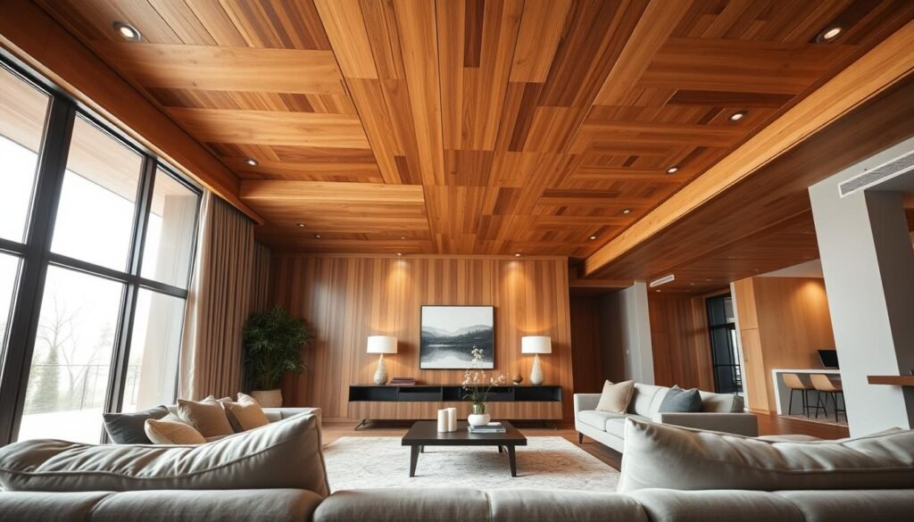 A modern living room featuring an elegant wooden ceiling design, showcasing warm-toned, layered wooden panels that create an inviting atmosphere. In the foreground, soft furniture in muted colors complements the organic texture of the ceiling. The middle area includes a stylish rug and a coffee table adorned with minimalist decor. The background reveals large windows allowing natural light to flood the space, enhancing the wooden tones and creating a cozy ambience. The scene is captured with a wide-angle lens from a low angle, emphasizing the height and beauty of the ceiling. Soft, diffused lighting adds warmth to the overall feel, making the room inviting and stylish, perfect for relaxation or hosting guests.