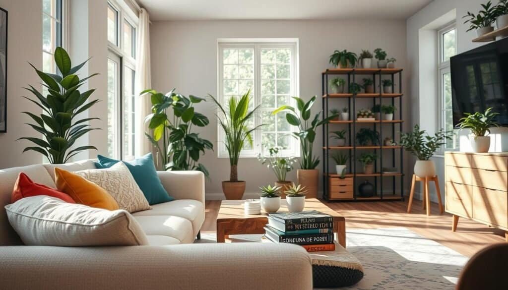 A modern living room featuring stylish plant arrangements. In the foreground, a cozy area with a light-colored, textured sofa adorned with colorful cushions. To the side, a tall, leafy indoor plant in a decorative pot adds a fresh touch. The middle ground showcases a rustic wooden coffee table with decorative books and a small succulent. In the background, large windows let in natural light, illuminating soft, neutral tones of the walls. A minimalist bookshelf with various indoor plants complements the aesthetic. The atmosphere feels inviting and vibrant, with a warm sunlight glow enhancing the greenery and wooden details. The composition captures a harmonious blend of nature and contemporary design, providing a refreshing ambiance.