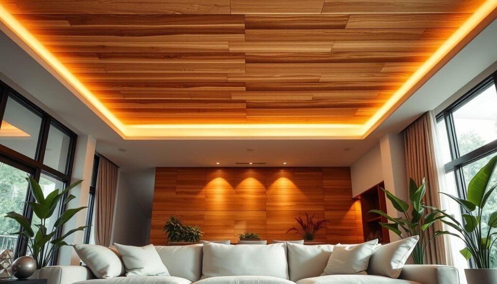 A modern living room showcasing an elegant wooden ceiling design. In the foreground, a plush, minimalist sofa in neutral tones is arranged invitingly with soft throw pillows. The middle section features a striking wooden ceiling with varying wooden slats, illuminated by soft, recessed lighting that creates warm shadows and accentuates the wood grain textures. In the background, large windows allow natural light to flood the space, enhancing the airy atmosphere. Stylish indoor plants add a touch of greenery, complementing the natural wood elements. The overall ambiance is serene and inviting, perfect for relaxation and intimate gatherings. The image captures the sophistication of contemporary home décor without any text or overlays.
