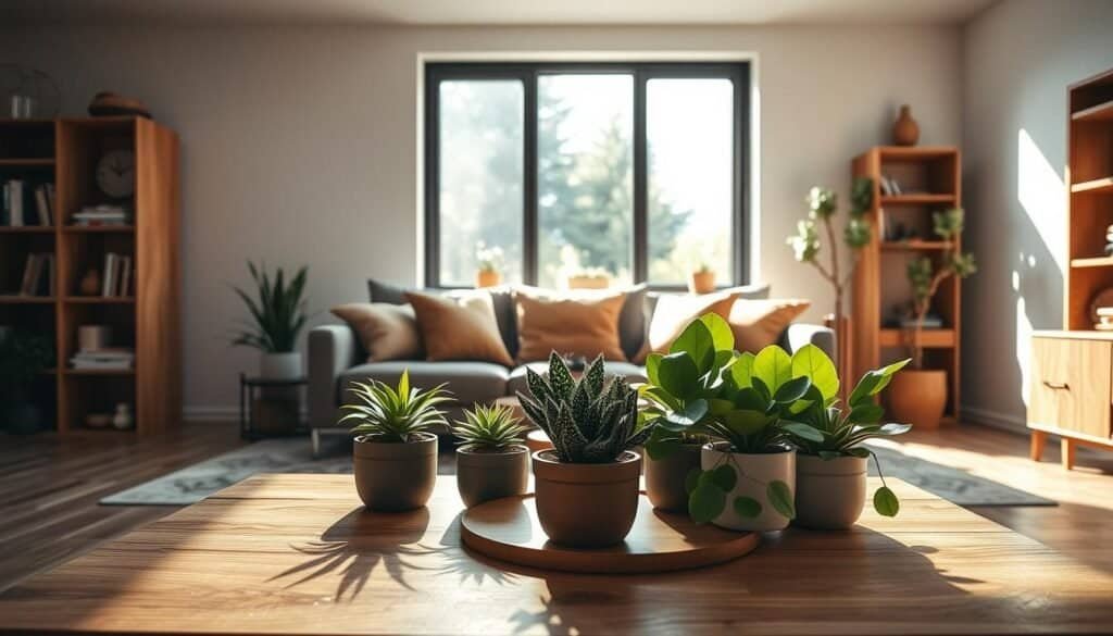 A modern living room showcasing the stark contrast between indoor decor and nature. In the foreground, a stylish wooden coffee table adorned with potted succulents and lush green plants, their leaves vibrant and healthy. In the middle, a sleek sofa with earth-toned cushions, surrounded by minimalistic wood shelves displaying books and decorative wooden accents. The backdrop features a large window with sunlight streaming in, illuminating the space and casting soft shadows, highlighting the lack of outdoor greenery. The walls are painted in neutral colors, but could benefit from natural elements. The atmosphere conveys a sense of longing for nature, inviting viewers to consider a harmonious blend of interior style and natural beauty. Overall, the image epitomizes modern living while emphasizing a nature deficit.