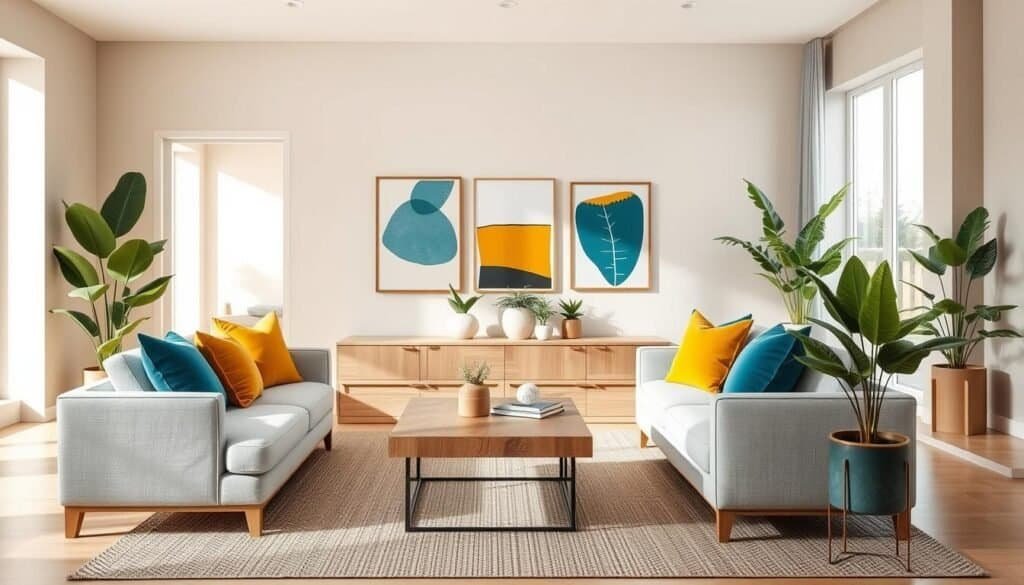 A modern living space featuring a neutral palette with soft beige and gray walls, complemented by striking accent colors such as deep teal and mustard yellow. In the foreground, a sleek, contemporary sofa in a light gray fabric is adorned with plush cushions in vibrant hues. A stylish coffee table made of natural wood sits on a textured neutral rug. In the middle ground, a decorative gallery wall showcases framed abstract artwork with standout colors that draw the eye. In the background, large windows allow soft, natural light to flood the room, highlighting elegant houseplants in chic pots. The atmosphere is warm and inviting, capturing a sophisticated yet relaxed vibe, ideal for showcasing modern accent colors in a neutral decor setting.