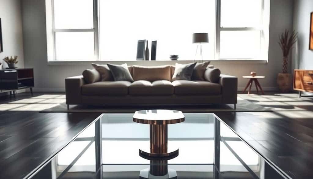 A modern living space featuring sharp, angular home design elements like geometric furniture, sleek glass surfaces, and metallic accents. In the foreground, a striking coffee table with clean lines and a polished finish. The middle ground showcases a minimalist sofa and a decorative shelf with sharp-edged decor pieces. In the background, large windows allow natural light to flood in, casting dynamic shadows across the space, accentuating the design's severity. The room is adorned with a contrasting simple wooden element, like a warm-toned side table or wooden accents on the walls, introducing a soft touch to the otherwise sharp environment. The overall mood is one of stylish sophistication, yet slightly overly stark. Use soft, diffused lighting to create a balanced atmosphere, emphasizing both the sharpness of the design and the warmth of the wooden element. Ensure a wide-angle view to capture the entire room's aesthetic.