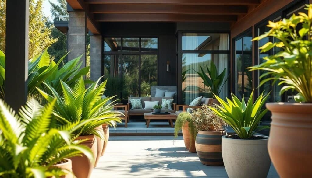A modern outdoor space showcasing a beautifully designed home surrounded by lush greenery. In the foreground, there are strategically placed potted plants, including ferns and succulents, creating a vibrant and inviting atmosphere. The middle ground features a stylish outdoor seating area with elegant wooden furniture and soft cushions, perfect for relaxation. In the background, the home displays large glass windows that reflect the bright natural light, creating a seamless blend between indoor and outdoor living. The scene is bathed in soft sunlight, highlighting the textures of natural materials like wood and stone. The overall mood is tranquil and rejuvenating, encouraging a sense of connection with nature. The angle captures the depth of the space, emphasizing the home as an oasis of greenery.