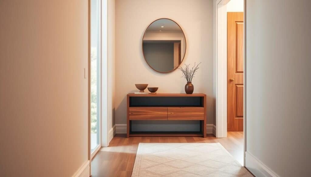 A narrow entryway showcasing a sleek console table made of rich, natural wood. The console table features clean lines and a minimalist design, adorned with a small potted plant and a decorative bowl. In the foreground, a soft area rug in neutral tones adds warmth, while a stylish mirror hangs above the table, reflecting soft ambient light from a nearby window. The walls are painted in a soft, inviting color, enhancing the space's openness. A subtle hint of greenery peeks in through the doorway, creating a refreshing atmosphere. The lighting is warm and diffused, highlighting the textures of the wood and decor. Capture this scene from a slightly elevated angle to emphasize the length of the entryway and the inviting feel of the space.