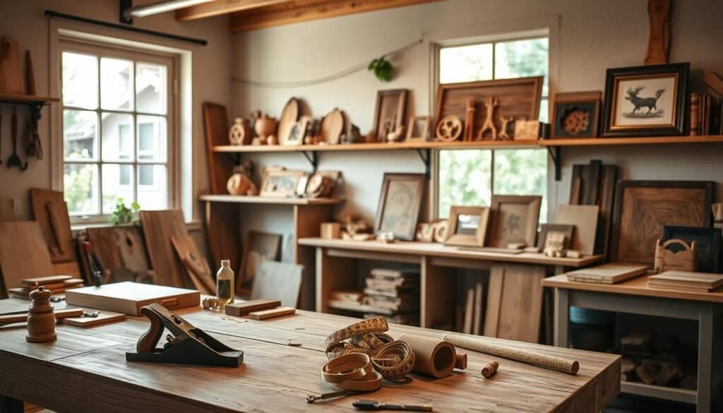A neatly organized workshop filled with simple wooden projects, showcasing a collection of elegantly crafted wooden accents like a small coffee table, a decorative shelf, and a rustic picture frame. In the foreground, a well-worn workbench displays tools like a wood plane, measuring tape, and wood scraps, highlighting a personal touch. The mid-ground features the wooden projects displayed on shelves, illuminated by soft, warm lighting that casts gentle shadows, creating an inviting atmosphere. In the background, large windows let in natural light, offering a glimpse of greenery outside, enhancing the tranquil and cozy feel of the scene. The overall mood is warm and homely, emphasizing craftsmanship and simplicity.