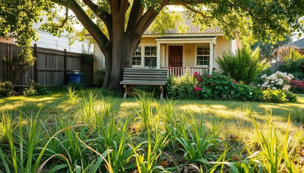 A neglected backyard transformed into a vibrant oasis, featuring overgrown grass and scattered weeds in the foreground. In the middle ground, an array of healthy green plants and colorful flowering bushes emerge, indicating a revitalization process. A rustic wooden bench, partially covered in moss, sits invitingly under a large, shady tree. In the background, a modest house with charming architectural details can be seen, bathed in soft, warm sunlight. The atmosphere is serene and rejuvenating, evoking feelings of hope and renewal. The lighting is bright and airy, with sun rays filtering through leaves, creating dappled patterns on the ground. The scene conveys a sense of potential and transformation in an outdoor space once forgotten.