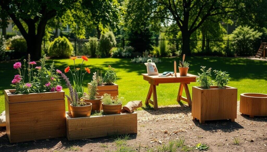 A peaceful outdoor scene showcasing DIY garden planters made from natural wood. In the foreground, several rustic wooden planters of varying sizes filled with vibrant flowers and herbs. The middle ground features a small wooden workbench cluttered with tools, soil bags, and scattered wood shavings, symbolizing the crafting process. In the background, a sun-drenched garden with green grass and a few trees creates a serene atmosphere, while sunlight filters through the leaves, casting dappled shadows. The image captures a warm, inviting mood, reminiscent of a relaxing weekend spent outdoors. The focus is sharp on the planters while softening the background, evoking a sense of creativity and connection with nature.