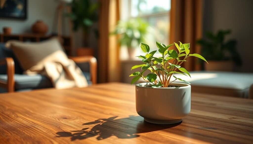 A petite, vibrant green plant in a sleek ceramic pot, nestled on a wooden table. The foreground features rich textures of the table, with the plant's delicate leaves catching soft sunlight, creating gentle shadows. In the middle ground, the focus remains on the plant, emanating freshness and life, while subtle hints of nearby decor, such as a softly woven textiles and minimalist design elements, enhance its appeal. The background displays a warm, inviting room with natural light filtering through a nearby window, giving a serene atmosphere. The composition should evoke calmness and tranquility, showcasing how such a small plant can dramatically influence the overall indoor environment. Use a shallow depth of field to softly blur the background, emphasizing the plant's significance in the space.