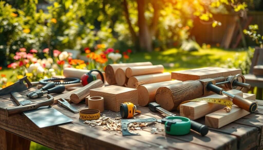 A picturesque outdoor woodworking scene showcasing essential tools for wood projects. In the foreground, feature a sturdy wooden workbench cluttered with classic woodworking tools: a hand saw, chisels, a tape measure, clamps, and wood shavings scattered around. The middle section includes freshly cut wood pieces in various sizes, reflecting natural grains and textures. In the background, a sun-soaked garden setting with colorful flowers and trees, providing a tranquil atmosphere, hints of a soft breeze visible through rustling leaves. The lighting should be warm and natural, mimicking late afternoon sunlight, casting gentle shadows over the tools. The image conveys a sense of creativity and relaxation, inviting viewers to envision their next DIY project in the great outdoors.