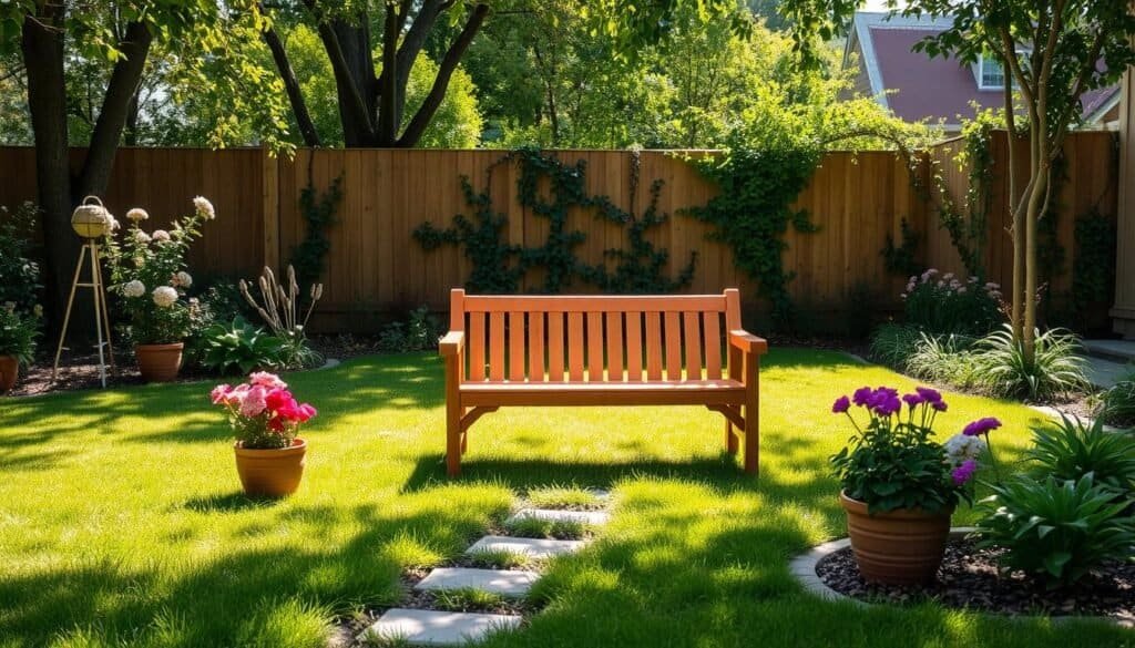 A picturesque scene of a serene backyard featuring a simple wooden bench as the focal point, handcrafted from rich, warm-toned cedar. The bench is placed on a grassy area with vibrant green grass, surrounded by blooming flowers in various colors. In the foreground, there are potted plants and small decorative stones leading up to the bench. The middle ground showcases the bench under dappled sunlight filtering through leafy trees, creating playful shadows on the ground. The background includes a wooden fence adorned with climbing vines, enhancing the garden's inviting atmosphere. The scene is captured in soft, natural lighting, emphasizing the warm tones of the wood. The overall mood is tranquil and welcoming, perfect for enjoying a peaceful moment in nature.