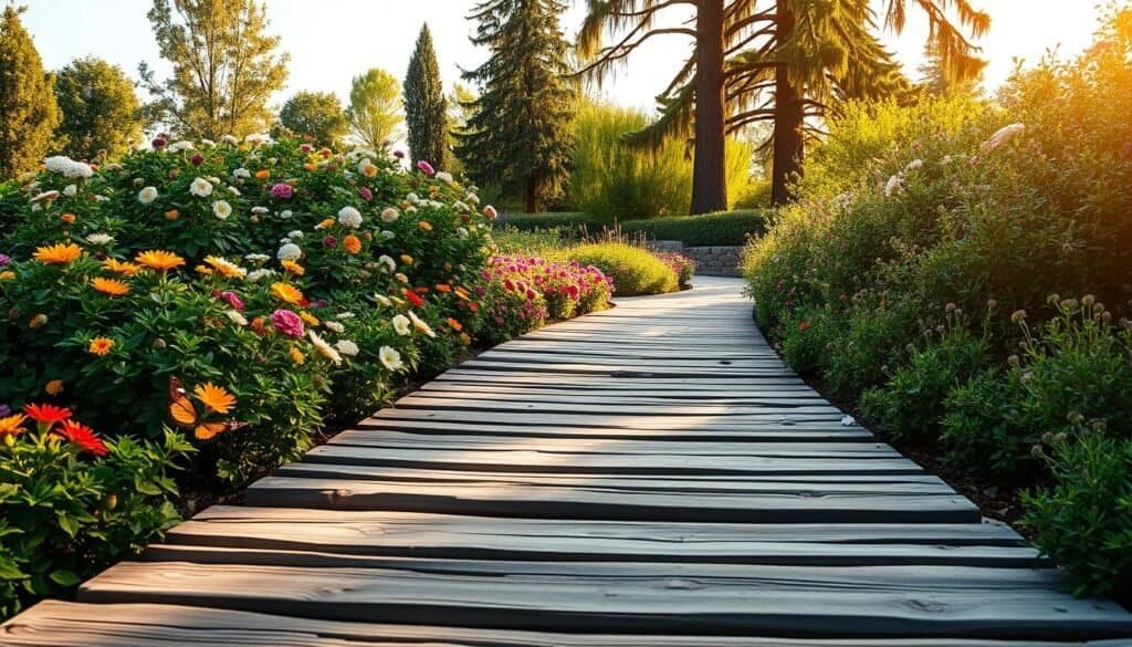 A picturesque wooden pathway meanders through a lush, vibrant garden, surrounded by blooming flowers and green shrubs. In the foreground, the sun-dappled path is crafted from rustic wooden planks, showcasing their natural grain and rich textures. The middle ground features an array of colorful blossoms, with butterflies fluttering nearby, creating a serene and inviting atmosphere. In the background, tall trees gently sway in the breeze, casting soft shadows over the pathway. The scene is illuminated by warm, golden sunlight, evoking a sense of tranquility and connection with nature. Capture this inviting setting from a slight elevation, offering a dynamic perspective of the pathway guiding the viewer's eye deeper into the garden oasis.