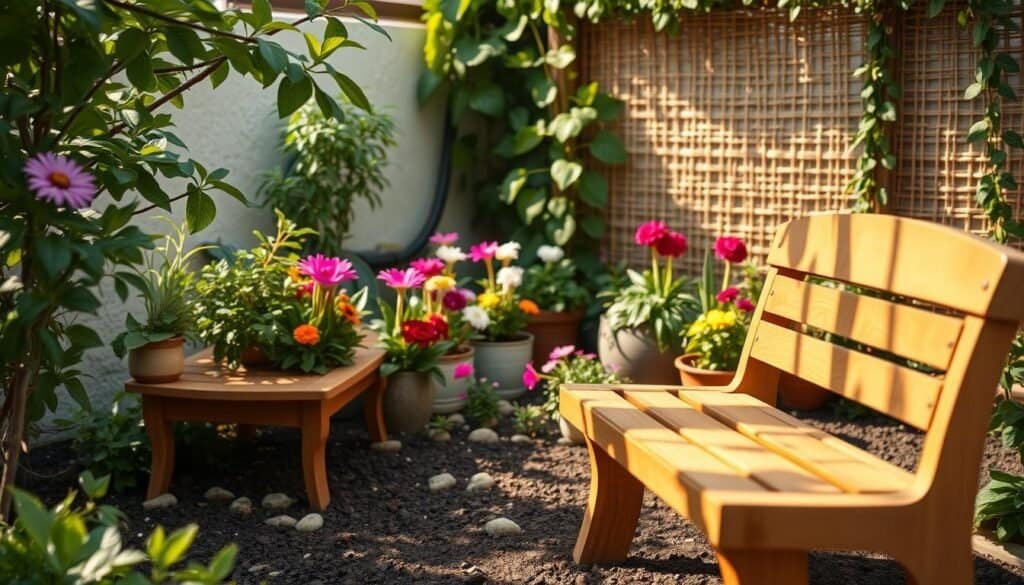 A quaint small garden featuring a variety of vibrant flowers and lush green foliage, designed to evoke a sense of tranquility and warmth. In the foreground, a finely crafted wooden bench with a natural finish invites relaxation. Soft morning light filters through delicate leaves, casting gentle shadows on the rich soil. In the middle ground, a carefully arranged selection of potted plants with colorful blooms complements the bench, surrounded by small decorative stones that provide a rustic charm. The background showcases a woven trellis adorned with climbing vines, creating an inviting and harmonious atmosphere. The scene should evoke a peaceful, serene mood, perfect for a cozy outdoor retreat. Focus on a soft depth of field, capturing the intricate details of the wood grain and the vivid colors of the flowers while maintaining a warm, inviting glow throughout.