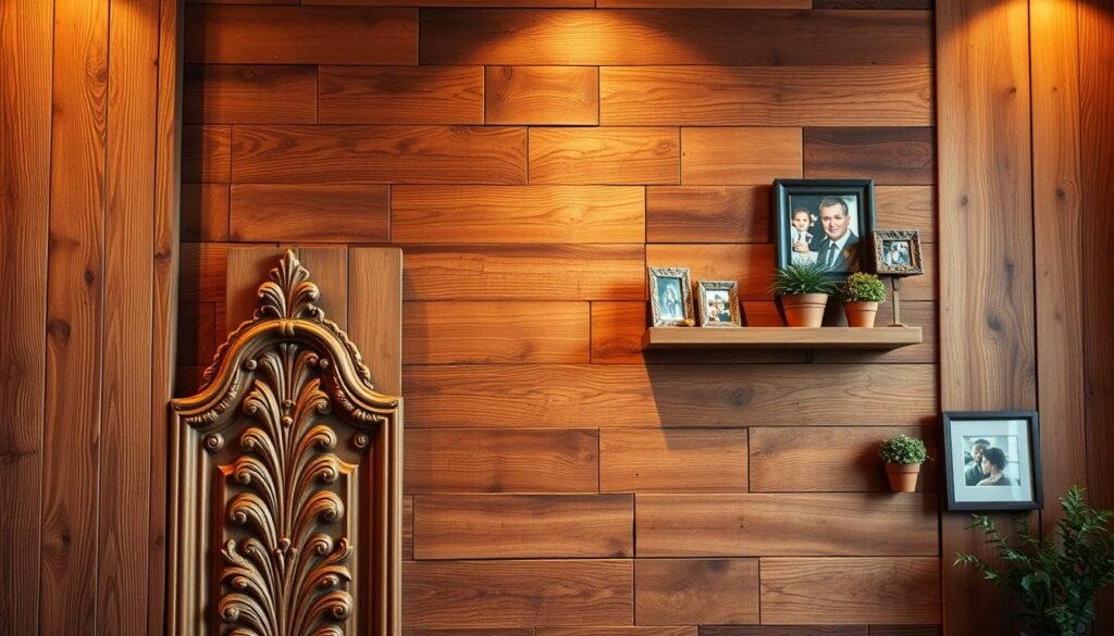 A richly textured wooden wall featuring various types of wood grain, showcasing warm tones of oak, walnut, and cedar. In the foreground, a beautiful, intricately carved wooden panel adds depth and character, while in the middle ground, shelves display rustic decor items like small potted plants and framed photos, enhancing the cozy vibe. The background includes soft lighting that gently highlights the natural imperfections of the wood, creating an inviting atmosphere. The scene is shot with a wide-angle lens to capture the entire wall, while the lighting is warm and soft, evoking a sense of comfort and homeliness. Overall, the composition should feel warm and welcoming, perfect for illustrating the charm of wooden wall features.