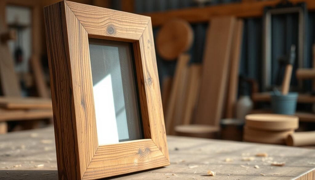 A rustic barnwood picture frame, handcrafted from reclaimed wood, showcasing a rich, weathered texture with subtle grains and knots. In the foreground, the frame is elegantly angled, highlighting its unique imperfections and artisanal character. The middle of the image features soft, natural light illuminating the frame, casting gentle shadows that enhance its dimensionality. In the background, a blurred workshop setting is visible, with hints of wood shavings and tools, creating an atmosphere of creativity and craftsmanship. The overall mood is warm and inviting, evoking a sense of peace and the joy of upcycling, with an emphasis on eco-friendly and sustainable practices in woodworking.