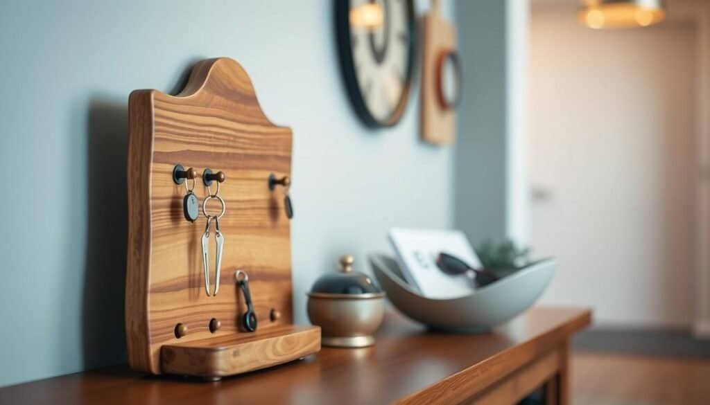 A rustic wooden key holder decor piece, elegantly designed with natural grain patterns and a smooth finish, displayed prominently in a cozy entryway setting. In the foreground, the key holder features several hooks for keys and small decorative items, with gentle light reflecting off its surface. In the middle ground, a stylish bowl filled with small everyday items, such as mail and sunglasses, complements the key holder. In the background, soft ambient lighting casts a warm glow, enhancing a welcoming atmosphere. The scene is captured at a slight angle to showcase depth, using a shallow depth of field to focus on the key holder while softly blurring the background elements, conveying a serene and organized home environment.