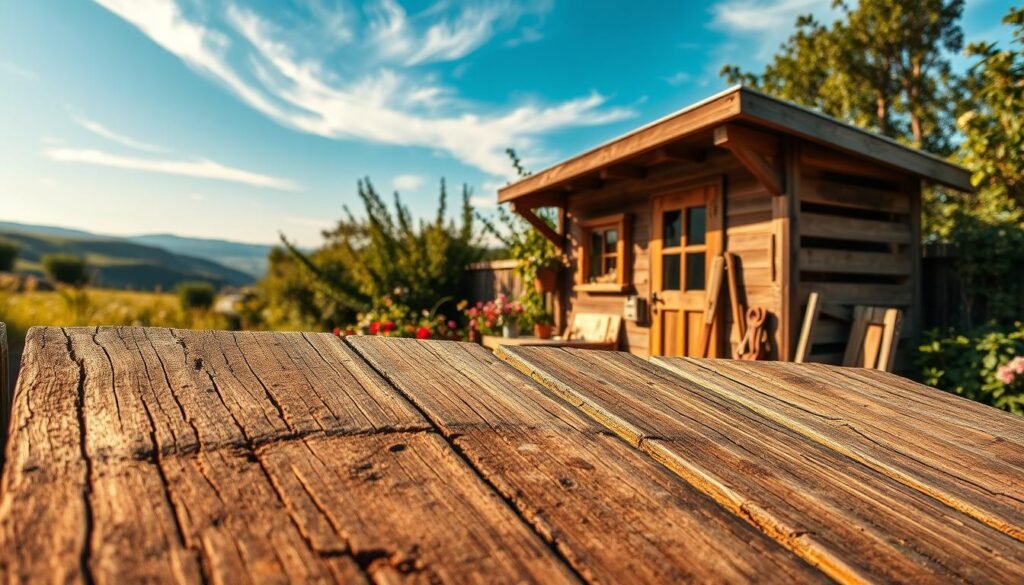 A rustic wooden pallet shed sits in a serene garden, showcasing its natural charm. In the foreground, detailed textures of weathered wood reveal signs of wear with rich, earthy tones. In the middle ground, the shed features a slanted roof with a small window, surrounded by vibrant greenery and blossoming flowers. A wooden workbench rests beside the shed, cluttered with tools and materials for crafting wall art. The background showcases a tranquil landscape with faint rolling hills and a bright blue sky, adorned with soft, wispy clouds. The scene is illuminated by warm, golden sunlight, casting gentle shadows that enhance the peaceful atmosphere. Captured using a soft-focus lens at a slight angle to emphasize the shed's character, this image evokes a sense of calm and creativity, inviting viewers to consider their own woodworking projects.