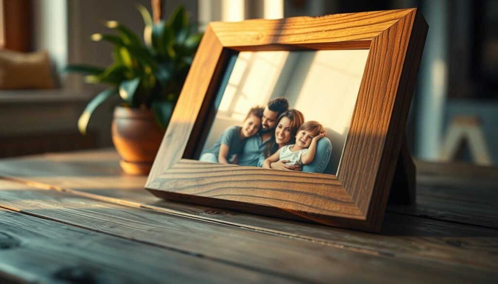 A rustic wooden picture frame resting on a weathered wooden surface, capturing the essence of handmade craftsmanship. The frame showcases natural wood grain with knots and imperfections, emphasizing its unique character. In the foreground, a beautiful, candid photograph captures a family moment, framed by the rustic edges. Soft, warm, ambient light filters through a nearby window, casting gentle shadows that enhance the texture of the wood. In the middle ground, faint hints of greenery from a potted plant can be seen, adding a touch of nature to the cozy scene. The background is softly blurred, creating an inviting atmosphere reminiscent of a comfortable and cherished home. The overall mood is warm and nostalgic, evoking feelings of pride and personal connection to one’s memories.