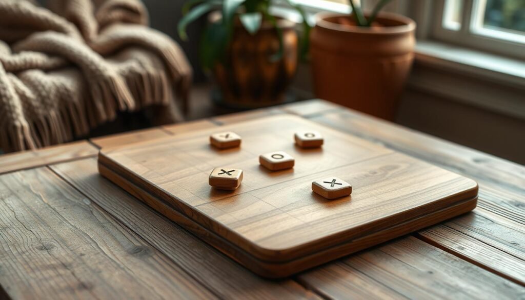 A rustic wooden tic-tac-toe game set on a weathered wooden table, featuring a smooth, hand-crafted playing board with an intricate grain pattern. The foreground showcases the game pieces: polished wooden Xs and Os neatly arranged on the board, some flipped over to indicate a recent game in progress. In the middle, ambient natural light filters through a nearby window, casting gentle shadows and enhancing the warm tones of the wood. The background includes hints of a cozy living space, with soft textures like a knitted blanket and a potted plant, creating an inviting atmosphere. The scene evokes a sense of nostalgia and playful charm, perfect for illustrating quick, satisfying wooden games for all ages.