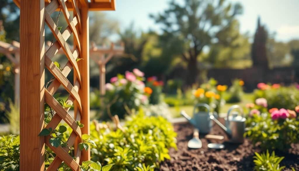 A rustic wooden trellis stands in a sunlit garden, showcasing its natural grain and smooth finish. In the foreground, the trellis features delicate, intertwining slats designed for climbing plants, surrounded by vibrant green foliage and colorful blossoms in full bloom. The middle ground reveals a patch of rich soil, ready for planting, with tools like a trowel and watering can casually placed nearby. In the background, soft-focus trees and a blue sky enhance the serene atmosphere. The lighting is warm and inviting, casting gentle shadows that emphasize the trellis's texture. Capture this scene with a shallow depth of field, giving a cozy yet inspiring feel, perfect for a wood project. No human subjects or text present.