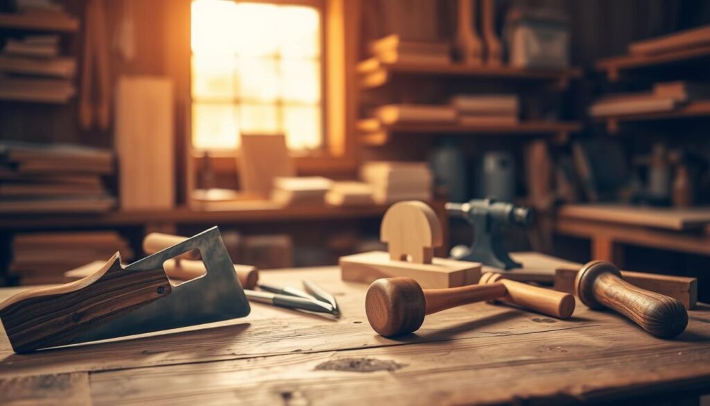 A rustic wooden workbench occupies the foreground, scattered with essential woodworking tools. Prominently featured are a hand saw, chisel, mallet, and a set of measuring tools, all crafted from rich, warm woods, reflecting natural grain patterns. In the middle ground, the faint outline of a simple wooden piece-in-progress sits beside a small vise, hinting at creativity in action. The background consists of soft-focus shelves lined with wooden boards and neatly arranged tools. The scene is bathed in warm, natural light filtering through a nearby window, creating a serene and inviting atmosphere. The image captures the essence of simplicity and craftsmanship, inspiring viewers to embark on their own woodworking journey.