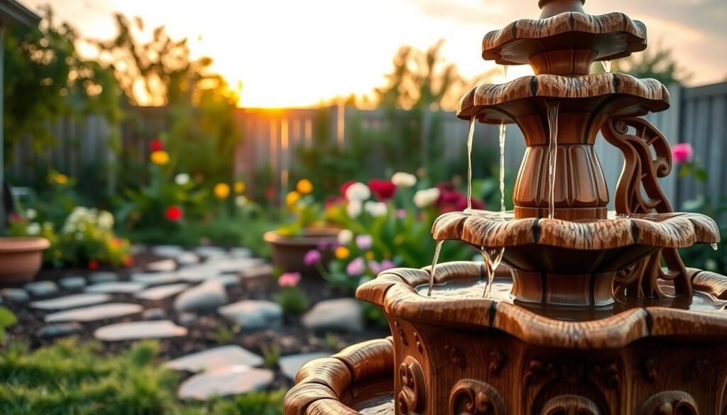 A serene DIY garden scene featuring a beautifully designed wooden water fountain. In the foreground, the fountain showcases intricate carvings made from rich, warm wood, with gentle water cascading down its tiers. The middle ground reveals a lush garden filled with vibrant flowers and greenery, strategically placed around the fountain to create an inviting atmosphere. In the background, a softly lit sky during the golden hour casts a warm glow over the scene, enhancing the tranquil mood. The composition captures an eye-level angle to emphasize the detailed craftsmanship of the fountain while conveying a sense of peacefulness and relaxation within a cozy backyard setting. This realistic portrayal embodies an inviting outdoor space for relaxation and enjoyment.