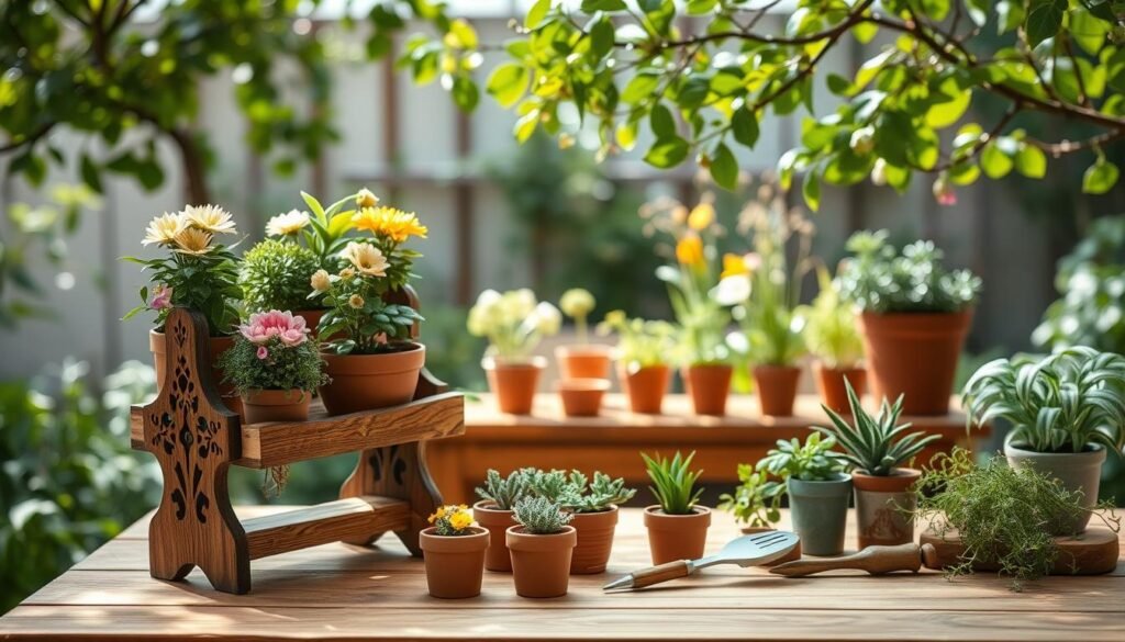 A serene DIY gardening scene featuring rustic wooden plant holders displaying vibrant greenery and blooming flowers. In the foreground, showcase a handcrafted wooden plant stand with intricate carvings, holding various potted plants in earthy hues. The middle ground reveals a wooden table adorned with small terracotta pots and gardening tools, creating a cozy workspace. In the background, a soft-focus garden with lush plants and herbs adds depth, while gentle natural light filters through leafy branches, casting dappled shadows. The mood is tranquil and inviting, evoking a calming atmosphere perfect for nurturing creativity and connecting with nature. The composition should be shot from a slight overhead angle to capture the details of the crafts and plants, ensuring a realistic and warm portrayal of home décor.
