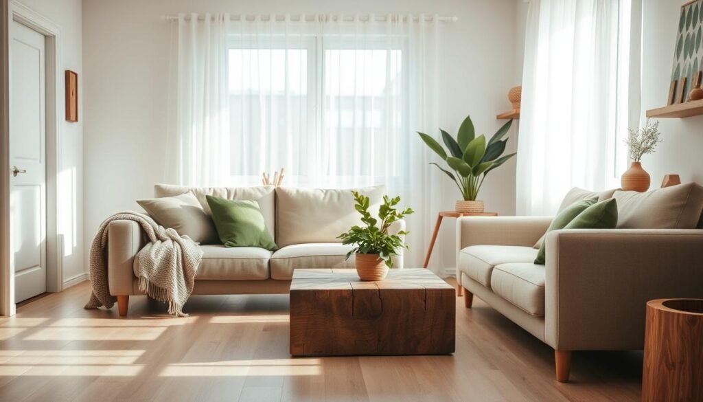 A serene Scandinavian living room bathed in natural light, featuring soft wooden touches. In the foreground, a cozy beige sofa adorned with green accent pillows sits on a light-colored wooden floor. A textured, woven blanket drapes casually over the armrest. In the middle, a rustic wooden coffee table holds a small potted plant with lush green foliage, enhancing the calming atmosphere. Background elements include a large window with sheer white curtains that allow soft sunlight to filter through, illuminating a few well-placed indoor plants and wooden decorative items on the shelves. The overall mood is tranquil and inviting, with a focus on minimalism and natural materials that evoke serenity. The image captures the essence of peaceful living in a warm, earthy palette.