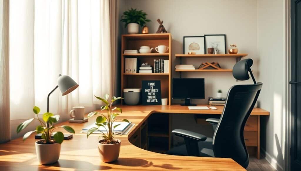 A serene and clutter-free motivation corner in a cozy home office, featuring a sleek wooden desk with minimalistic design, accompanied by a comfortable ergonomic chair. In the foreground, a small potted plant with vibrant green leaves adds a touch of nature. The middle ground showcases an organized bookshelf with neatly arranged books and decorative items, while a motivational quote plaque sits elegantly on the desk. The background reveals a softly lit window with sheer curtains, allowing natural light to pour in, enhancing the calm atmosphere. The scene is captured with a warm, inviting glow, accentuated by gentle shadows, evoking a sense of focus and tranquility. A wide-angle lens perspective emphasizes the spaciousness and organization of the space, creating an inspiring environment for creativity and productivity.