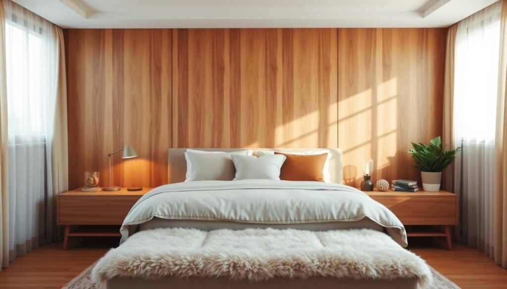 A serene and harmonious bedroom design featuring a warm wooden accent wall that radiates comfort. In the foreground, a cozy bed with soft, neutral linens invites relaxation, adorned with plush throw pillows in calming earth tones. Surrounding the bed, a pair of stylish wooden nightstands hold minimalistic lamps casting a soft, warm glow. In the middle, a plush area rug enhances the inviting atmosphere while soft, natural textiles create balance. The background showcases large windows with sheer curtains allowing gentle sunlight to filter through, illuminating the room. The color palette is a blend of warm browns, soft whites, and muted greens, promoting tranquility. The overall mood is peaceful and restorative, encouraging a sense of harmony and balance in the space. A serene and harmonious bedroom design featuring a warm wooden accent wall that radiates comfort. In the foreground, a cozy bed with soft, neutral linens invites relaxation, adorned with plush throw pillows in calming earth tones. Surrounding the bed, a pair of stylish wooden nightstands hold minimalistic lamps casting a soft, warm glow. In the middle, a plush area rug enhances the inviting atmosphere while soft, natural textiles create balance. The background showcases large windows with sheer curtains allowing gentle sunlight to filter through, illuminating the room. The color palette is a blend of warm browns, soft whites, and muted greens, promoting tranquility. The overall mood is peaceful and restorative, encouraging a sense of harmony and balance in the space.