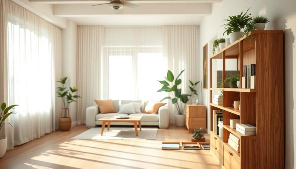 A serene and inviting home interior showcasing creative storage solutions designed to reduce stress. In the foreground, a stylish wooden shelf holds neatly organized plants, books, and decorative boxes, radiating warmth. In the middle ground, a cozy living space features a minimalist coffee table with hidden compartments, paired with soothing pastel-colored cushions. The background presents a bright window with sheer curtains allowing natural light to pour in, enhancing the calming atmosphere. Soft shadows cast by the afternoon sun create depth and tranquility. This image should capture a harmonious blend of functionality and aesthetics, conveying a sense of peace and organization that boosts mood and invites relaxation.