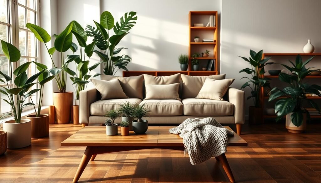 A serene and inviting living room featuring lush green plants and warm wooden accents, designed to evoke a calming atmosphere. In the foreground, a stylish wooden coffee table adorned with a few small potted plants and a cozy knitted throw. The middle section showcases a plush, neutral-colored sofa flanked by tall leafy plants in elegant planters. Soft, natural light filters through large windows, casting gentle shadows and highlighting the rich textures of the wooden flooring and furniture. In the background, a simple bookshelf with wooden shelves displays a mix of greenery and curated decor pieces. The scene is captured from a slightly elevated angle, creating an inviting and spacious feel, perfectly embodying tranquility and comfort in a modern aesthetic.