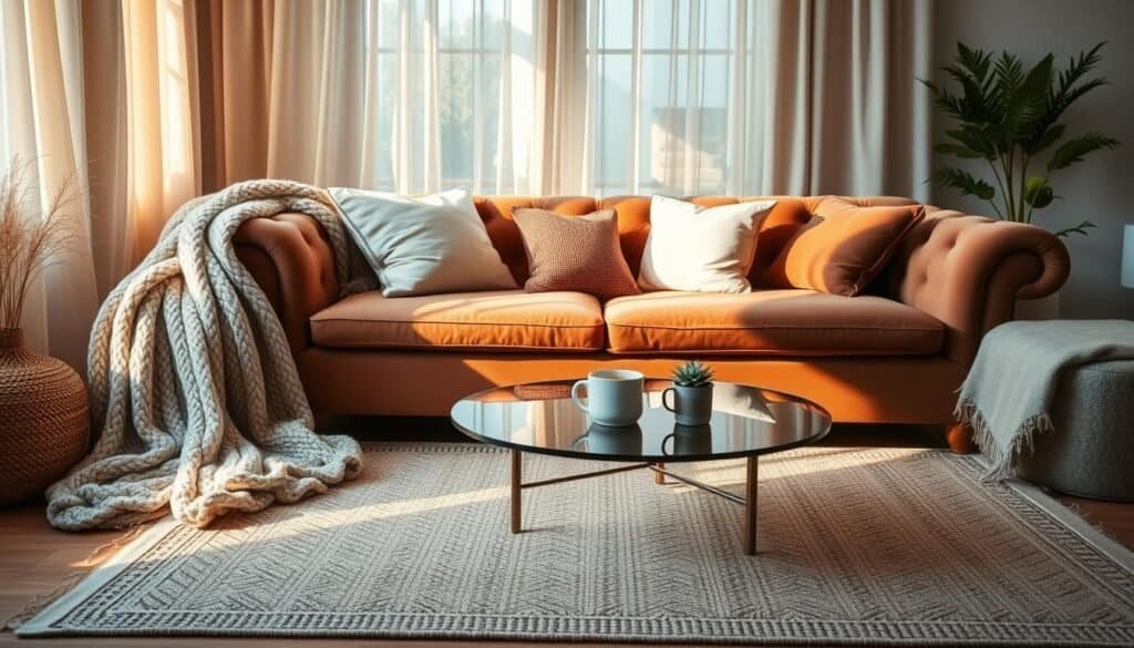 A serene and inviting living space showcasing soft textiles layering for ultimate comfort. In the foreground, a plush, oversized knitted throw blanket drapes casually over a beautifully tufted velvet sofa in a warm, muted color palette. A few decorative pillows in varying textures, such as linen and faux fur, are arranged artfully on the sofa. The middle layer features a handwoven area rug with delicate patterns beneath a cozy coffee table adorned with a steaming mug of herbal tea and a small potted plant. The background reveals softly lit window drapes fluttering gently in the breeze, allowing natural light to cast a warm, golden glow throughout the room. The overall mood is tranquil and inviting, perfect for relaxation and comfort.