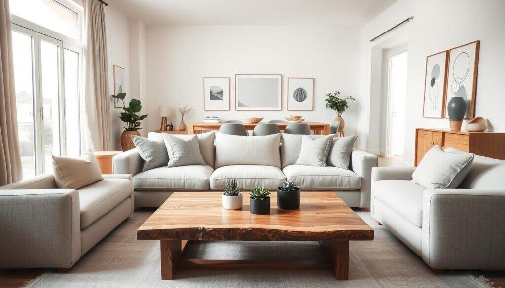 A serene and inviting neutral home interior, featuring a spacious living area with soft, muted tones like beige, taupe, and pale gray. In the foreground, a plush, light-colored sofa adorned with simple, textured throw pillows creates a cozy focal point. The middle ground showcases a handcrafted wooden coffee table with minimalist design, surrounded by elegant, understated decor pieces like potted succulents. In the background, large windows bathe the room in natural light, revealing a softly lit atmosphere that enhances the calmness of the space. The walls are adorned with subtle art prints in monochrome hues, enhancing the overall aesthetic. The composition emphasizes tranquility and balance, capturing the essence of modern neutral design. Use soft diffused lighting to evoke a sense of peace and openness, shot from a slightly elevated angle to encompass the entire cozy ambiance.