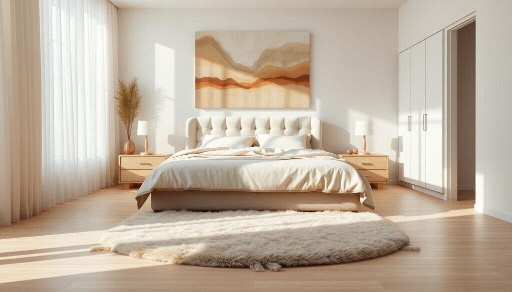 A serene and stylish neutral bedroom design featuring a cozy king-sized bed with soft beige linens and a tufted headboard, surrounded by light wooden nightstands adorned with minimalist lamps. The room is filled with natural light, accentuated by sheer white curtains that gently diffuse the sunlight. In the foreground, a plush area rug in neutral tones lies on a light hardwood floor. The middle area showcases a large canvas artwork with abstract earth tones hanging above the bed. In the background, a contemporary wardrobe with sleek lines complements the calming atmosphere. Soft shadows create a cozy ambiance, with a slight depth of field to emphasize the inviting details. The overall mood is tranquil and modern, perfect for a restful retreat.
