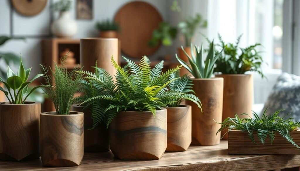 A serene arrangement of various wooden planters filled with vibrant greenery, set on a rustic wooden table. In the foreground, showcase intricately crafted planters in different shapes and sizes—some tall and cylindrical, others short and square—highlighting the rich grains of the wood. In the middle, lush plants such as ferns and succulents overflow from the planters, their contrasting textures and colors bringing the scene to life. In the background, softly blurred indoor decor hints at a warm, inviting home environment, with subtle sunlight filtering through a nearby window, creating a gentle play of light and shadow. The overall mood is cozy and organic, perfect for uplifting any indoor space with a touch of nature.