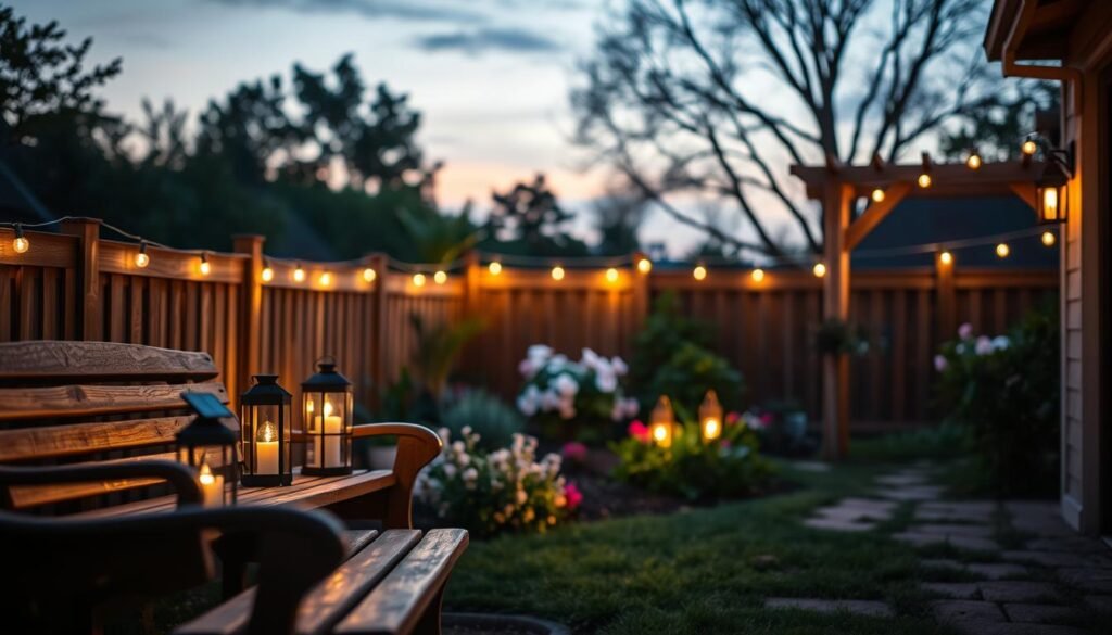 A serene backyard scene at dusk featuring elegant solar-powered outdoor lighting illuminating charming wooden features. In the foreground, a rustic wooden bench and decorative lanterns softly glow with warm light, creating an inviting atmosphere. The middle ground showcases a lush garden with blooming flowers and a wooden trellis, accentuated by solar lights that cast gentle shadows. The background includes a softly lit tree line under a twilight sky, enhancing the tranquil mood. The composition captures a cozy, magical ambiance, ideal for evening enjoyment. The lighting is soft and diffused, reminiscent of a warm summer evening. The perspective is slightly angled to emphasize depth, inviting the viewer into this peaceful outdoor space.