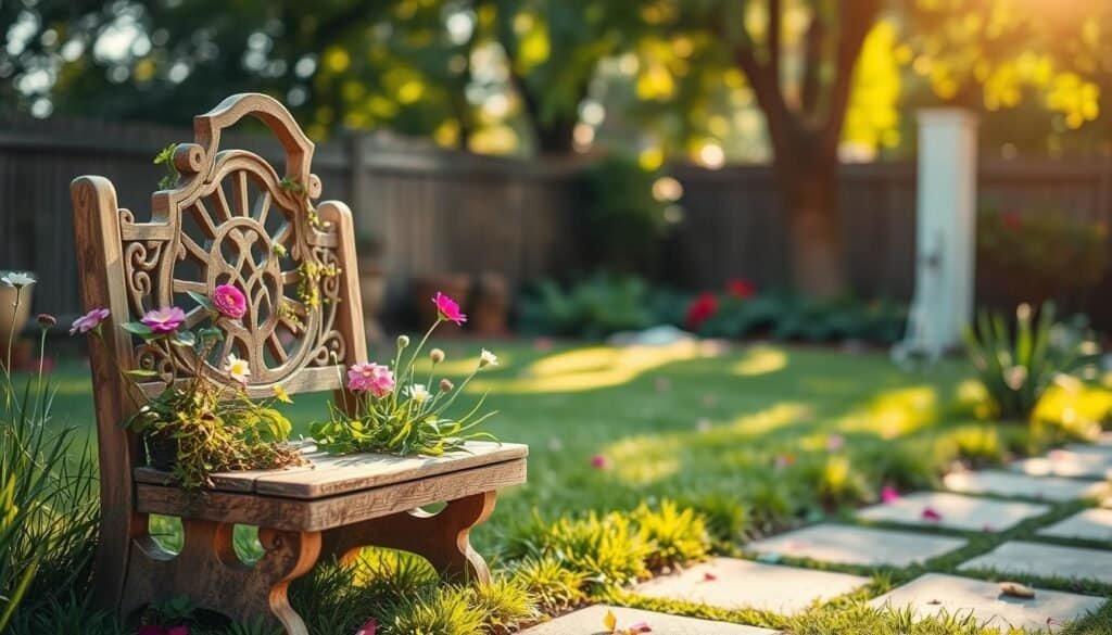 A serene backyard scene featuring a charming wooden garden detail, such as a rustic bench or an intricately carved trellis, set as the foreground subject. The bench is adorned with subtle plant life, showcasing vibrant flowers and greenery spilling over its edges. In the middle ground, a well-maintained patch of grass is visible, dotted with small decorative stones and scattered petals, enhancing the natural beauty. The background reveals softly blurred trees, creating a lush, tranquil atmosphere. The lighting is warm and inviting, reminiscent of late afternoon sunlight filtering through leaves, casting gentle shadows. The scene should evoke a sense of peace and reconnection with nature, perfect for inspiring garden rejuvenation.