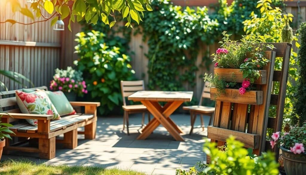 A serene backyard scene featuring creatively upcycled wooden pallet projects, placed prominently in the foreground. Showcase a charming pallet garden bench adorned with colorful cushions, alongside a vertical pallet planter brimming with vibrant flowers and herbs. In the middle ground, include a rustic wooden table made from pallet wood, set against a backdrop of flourishing green plants. Soft, natural sunlight filters through the leaves, casting dappled shadows across the scene, creating an inviting atmosphere. The background should contain a hint of a cozy fence and climbing vines, suggesting a lush, well-loved garden space. Use a shallow depth of field to softly blur the background, keeping the focus on the vibrant textures of the wooden projects. Capture the image from a slightly elevated angle to provide depth while highlighting the beauty of repurposed materials.